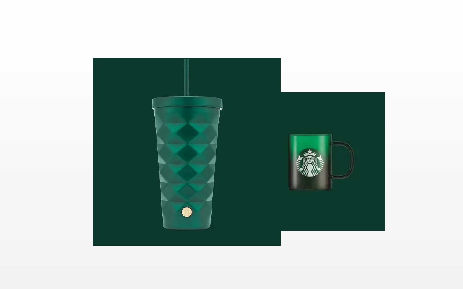 Starbucks Glas mit grünem Farbverlauf und Starbucks Bearista Doppelwandglas vor hellem Hintergrund