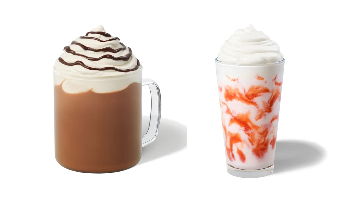 Starbucks Signature Hot Chocolate und Strawberries and Cream Frappuccino, beide mit Schlagsahne-Haube
