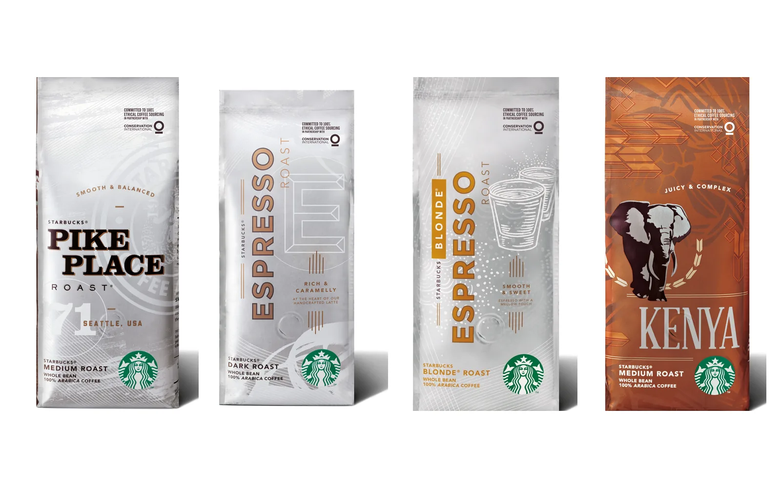 Starbucks Kaffeebohnen-Packungen Pike Place Roast, Espresso Roast, Blonde Espresso Roast und Kenya