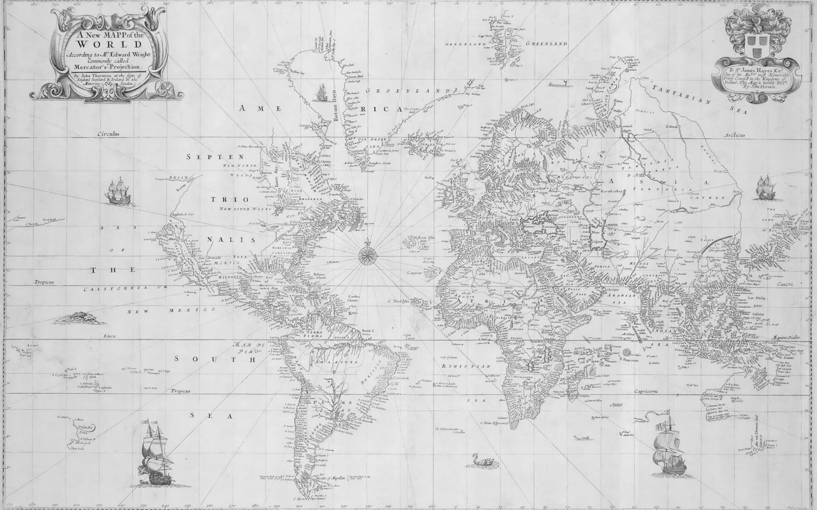 Antike Weltkarte mit Segelschiffen und Kompassrose als Kupferstich